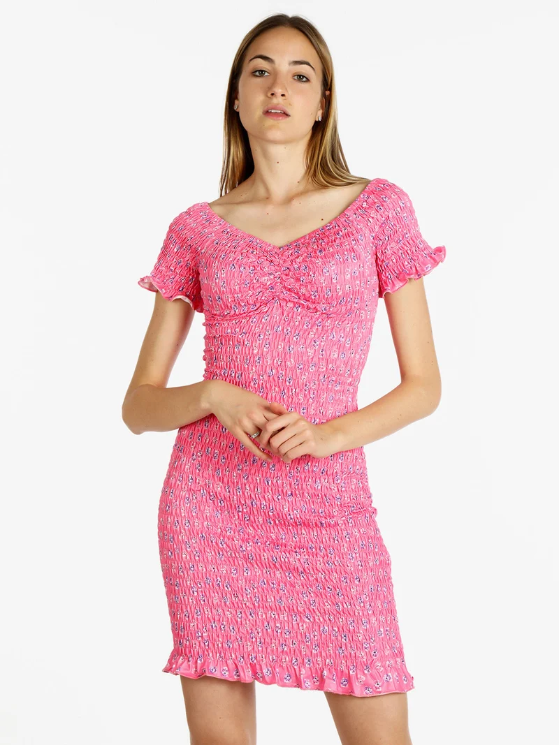 Abito tubino donna a fiori elasticizzato - rosa