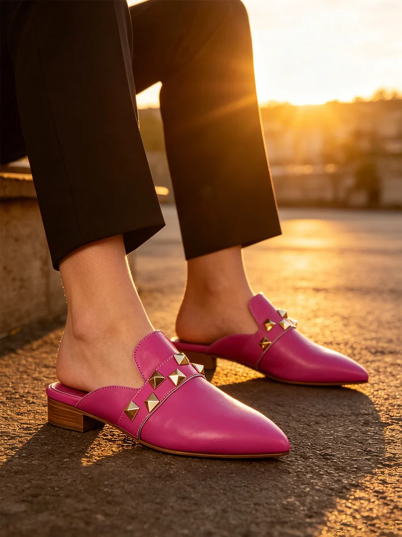 Sabot in pelle donna con borchie - fucsia