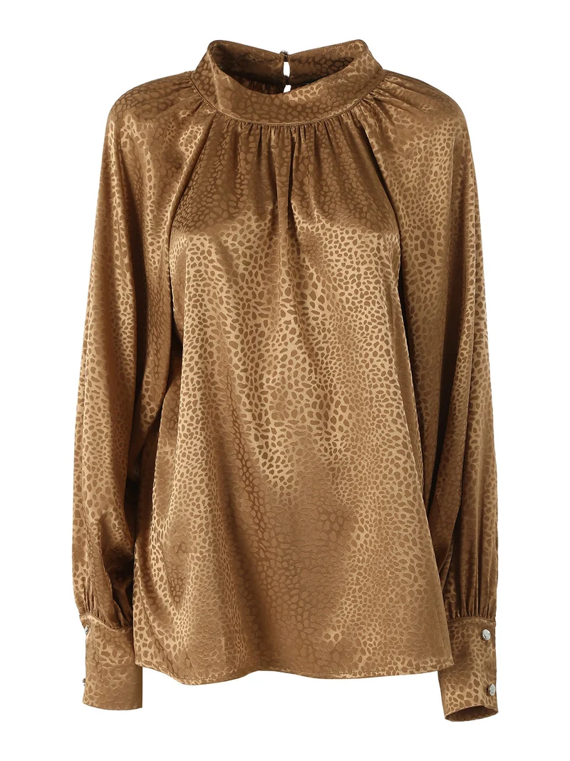 Blusa donna accollata a maniche lunghe linea curvy - marrone