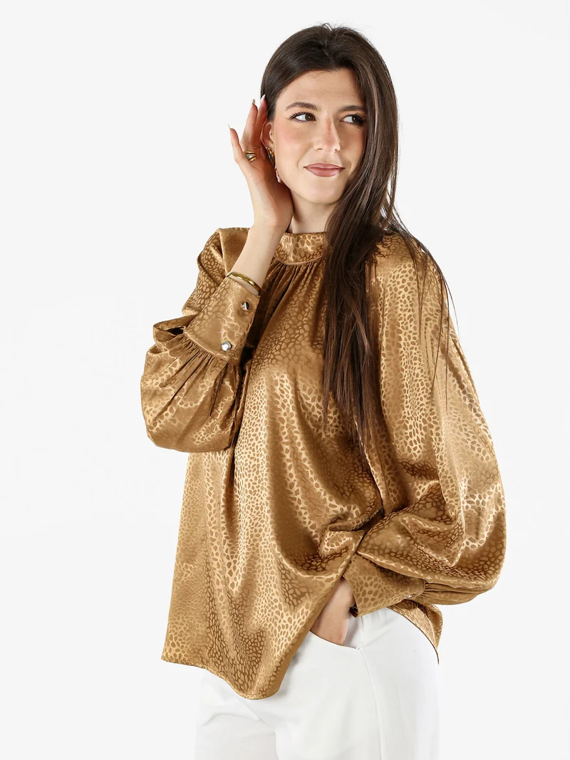 Blusa donna accollata a maniche lunghe linea curvy - marrone