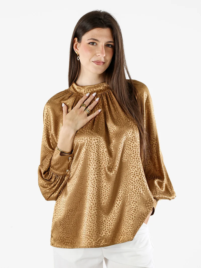 Blusa donna accollata a maniche lunghe linea curvy - marrone