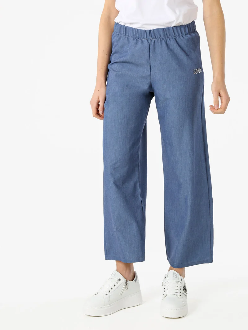 Pantaloni da donna a gamba larga con logo di strass - blu