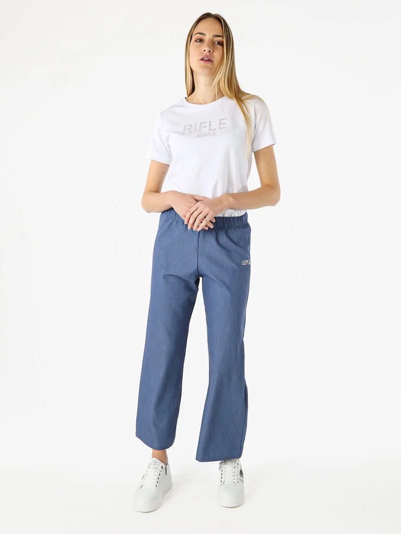 Pantaloni da donna a gamba larga con logo di strass - blu
