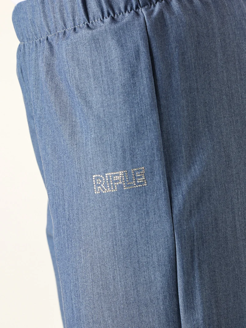 Pantaloni da donna a gamba larga con logo di strass - blu