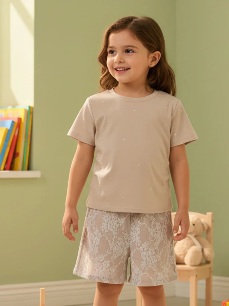 Completo 2 pezzi da bambina con t-shirt e shorts ricamati - beige