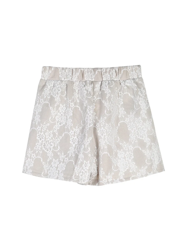 Completo 2 pezzi da bambina con t-shirt e shorts ricamati - beige