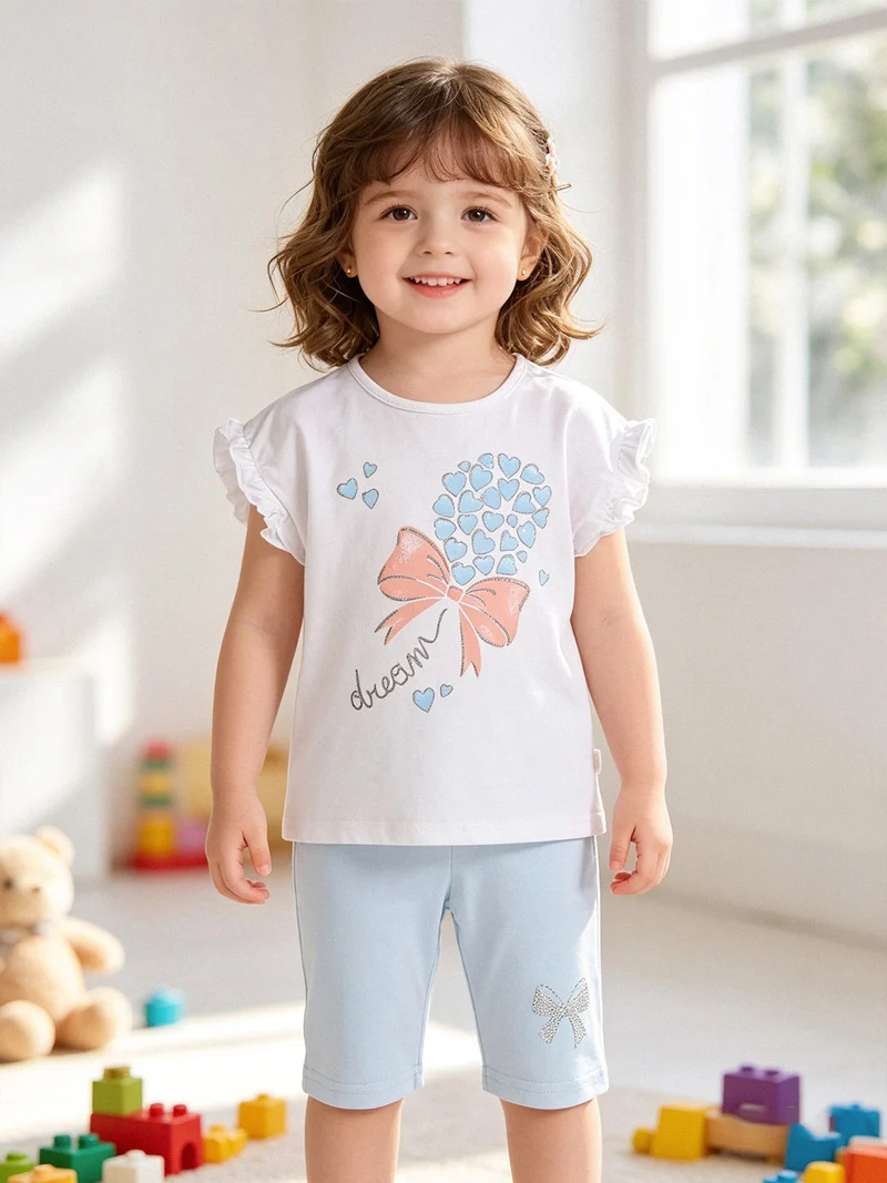 Completo corto da neonata con t-shirt e leggings corti - azzurro