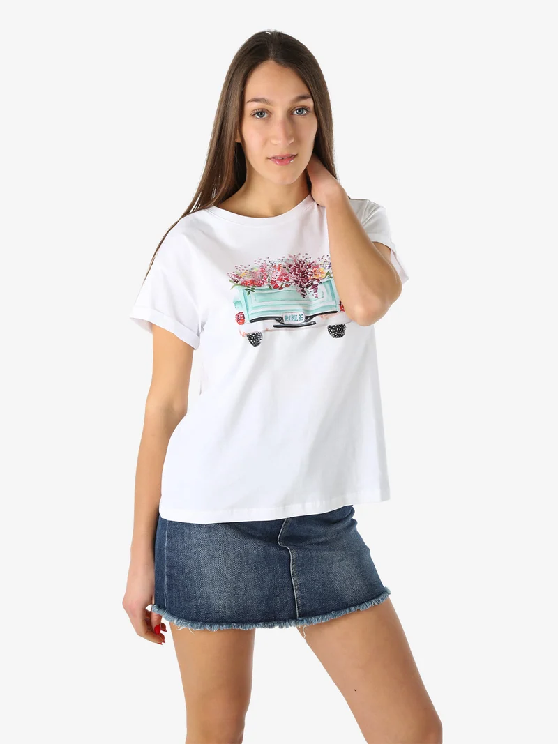 T-shirt girocollo da donna in cotone con stampa e strass - bianco