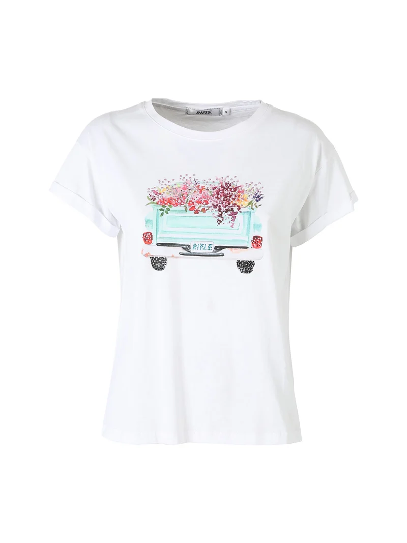 T-shirt girocollo da donna in cotone con stampa e strass - bianco