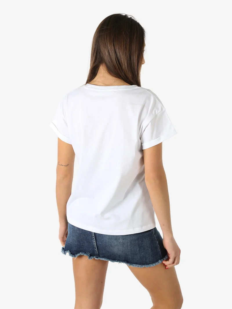 T-shirt girocollo da donna in cotone con stampa e strass - bianco