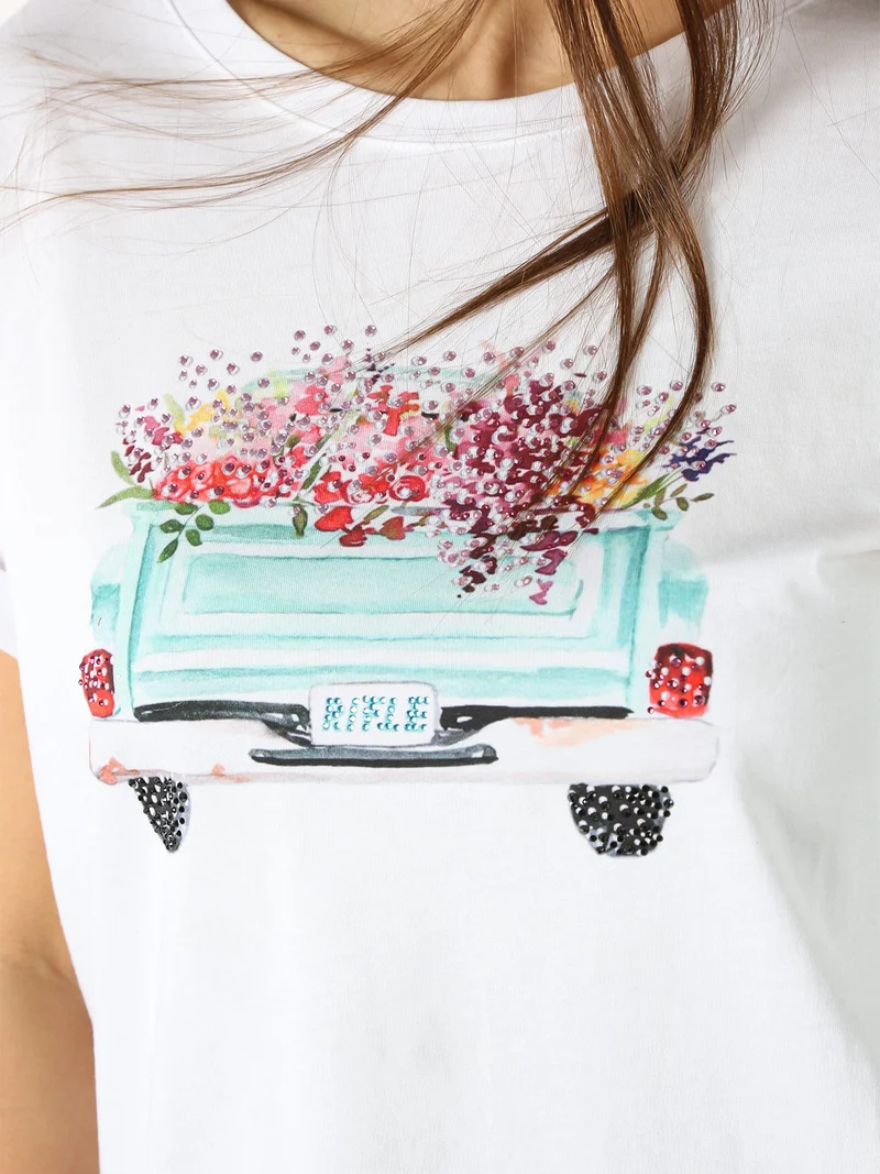 T-shirt girocollo da donna in cotone con stampa e strass - bianco