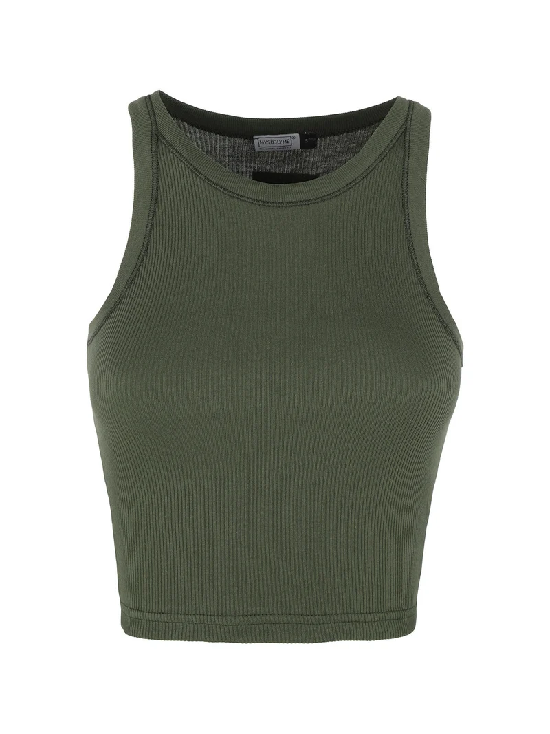 Canotta cropped da donna a costine - verde