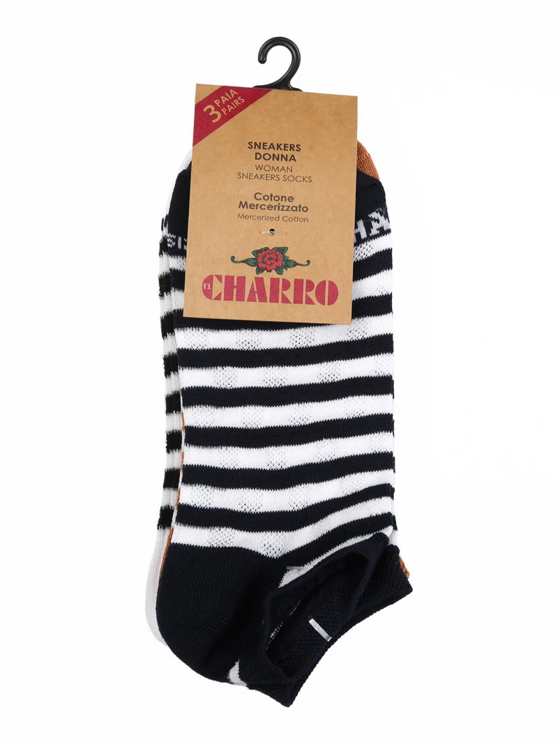Confezione da 3 paia di calze sneakers a righe da donna in cotone - cammello