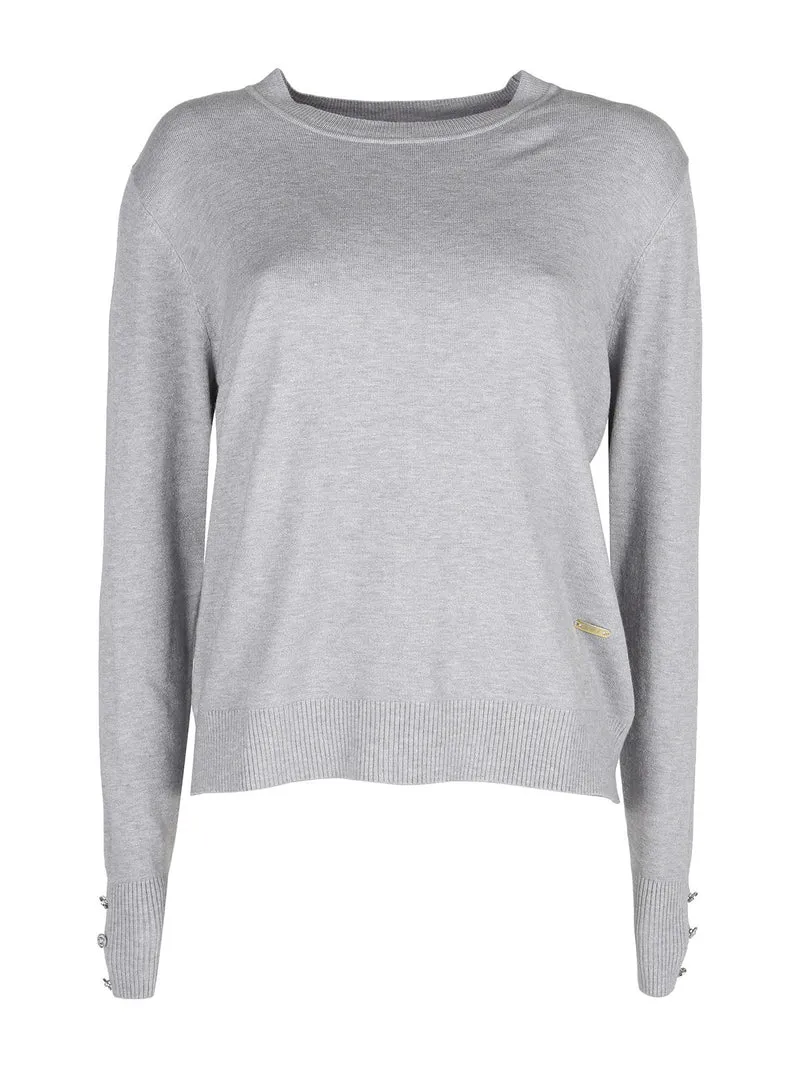 Pullover girocollo in maglia da donna con bottoni gioiello sui polsini - grigio