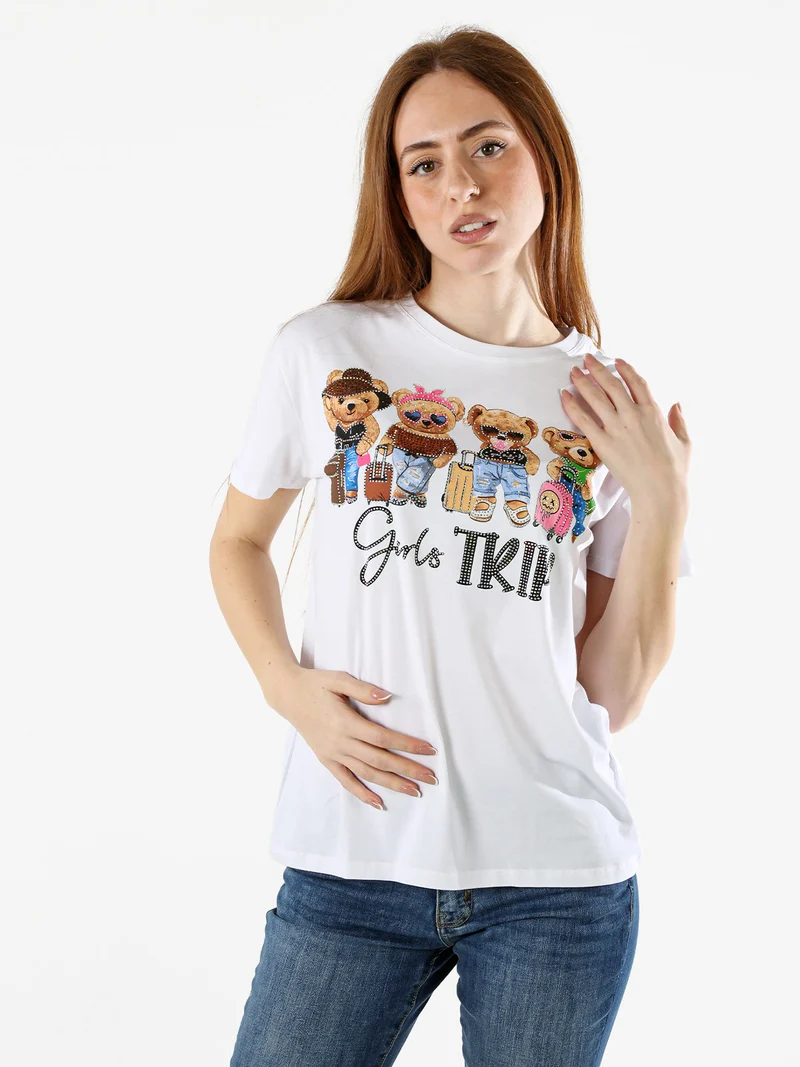 T-shirt donna in cotone con stampa orsacchiotti e strass - marrone