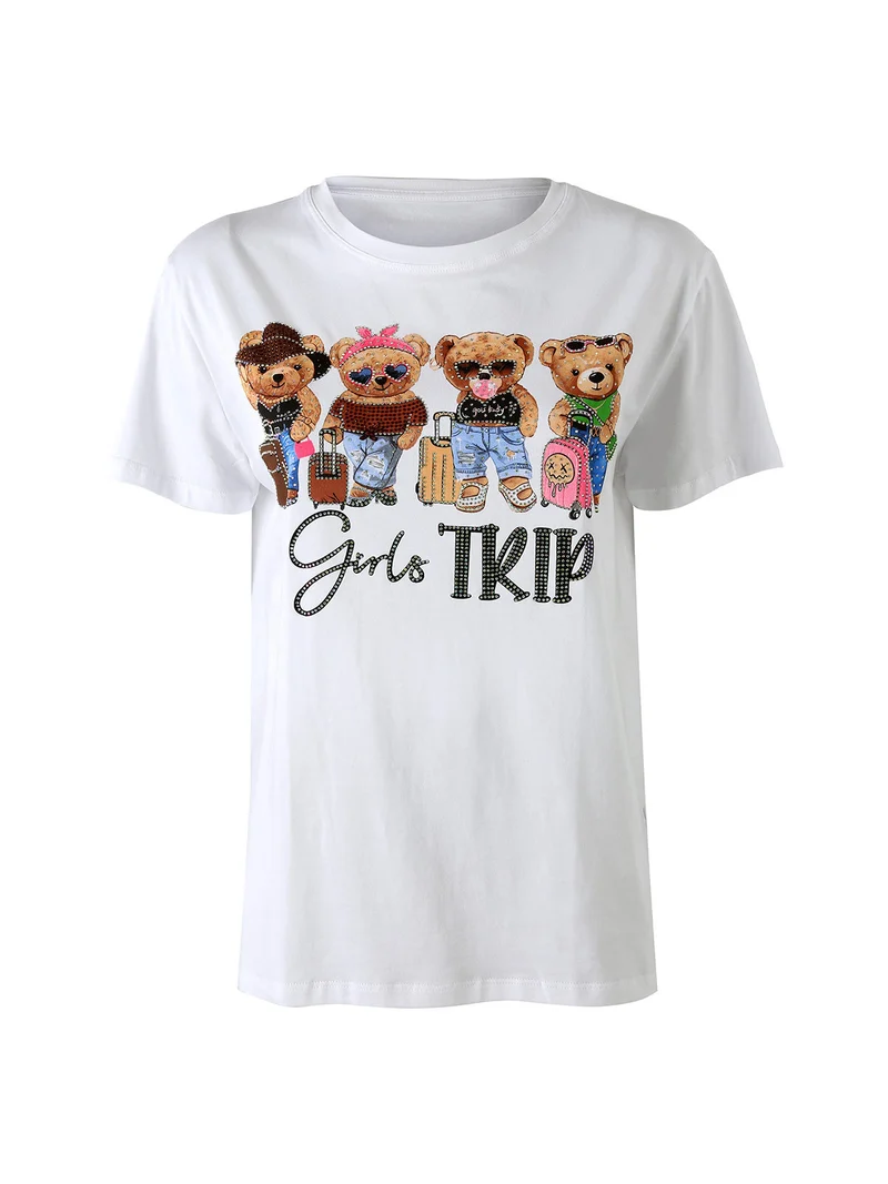T-shirt donna in cotone con stampa orsacchiotti e strass - marrone