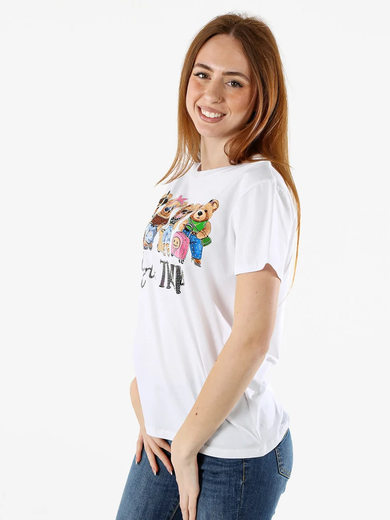 T-shirt donna in cotone con stampa orsacchiotti e strass - marrone