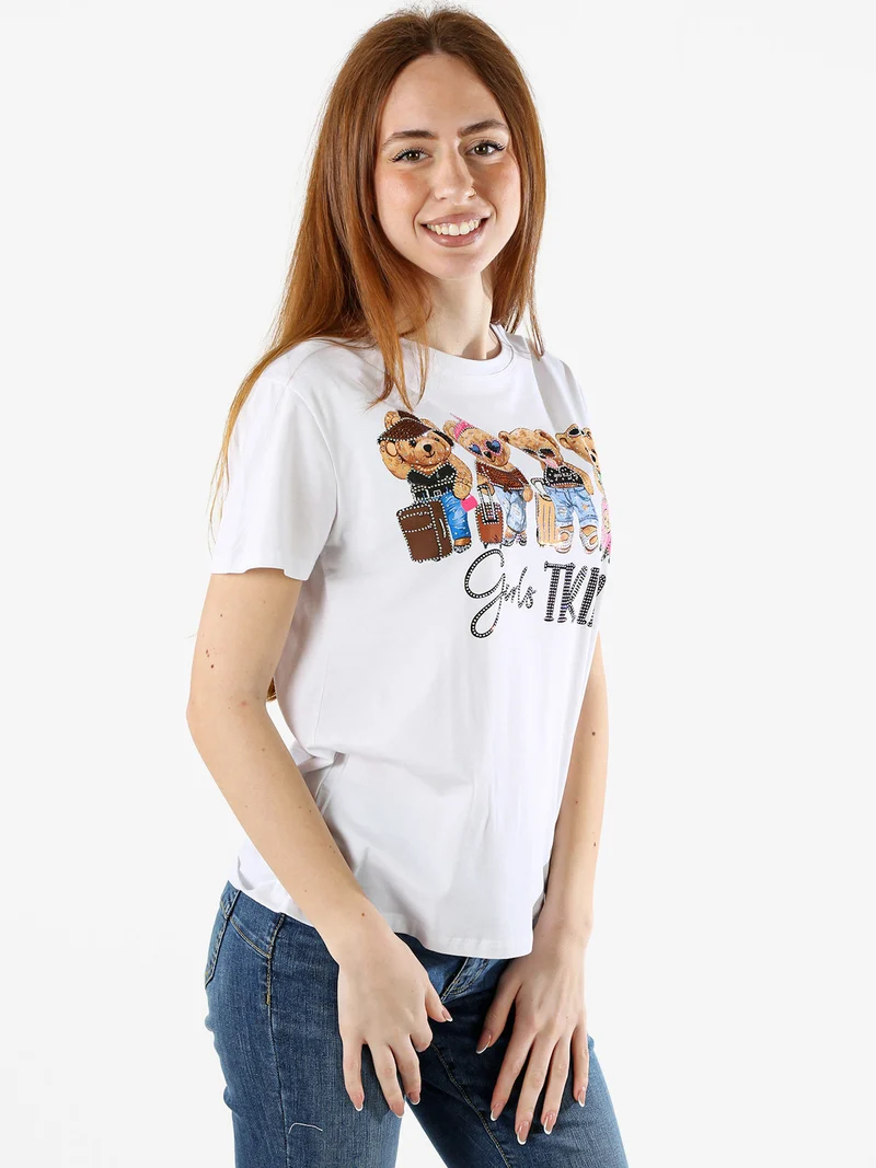 T-shirt donna in cotone con stampa orsacchiotti e strass - marrone