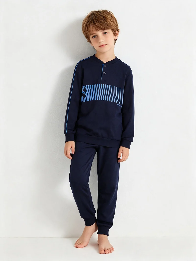 Pigiama lungo da bambino in cotone - blu scuro