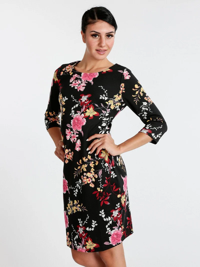 Vestito donna fiorato con maniche 3/4 - nero