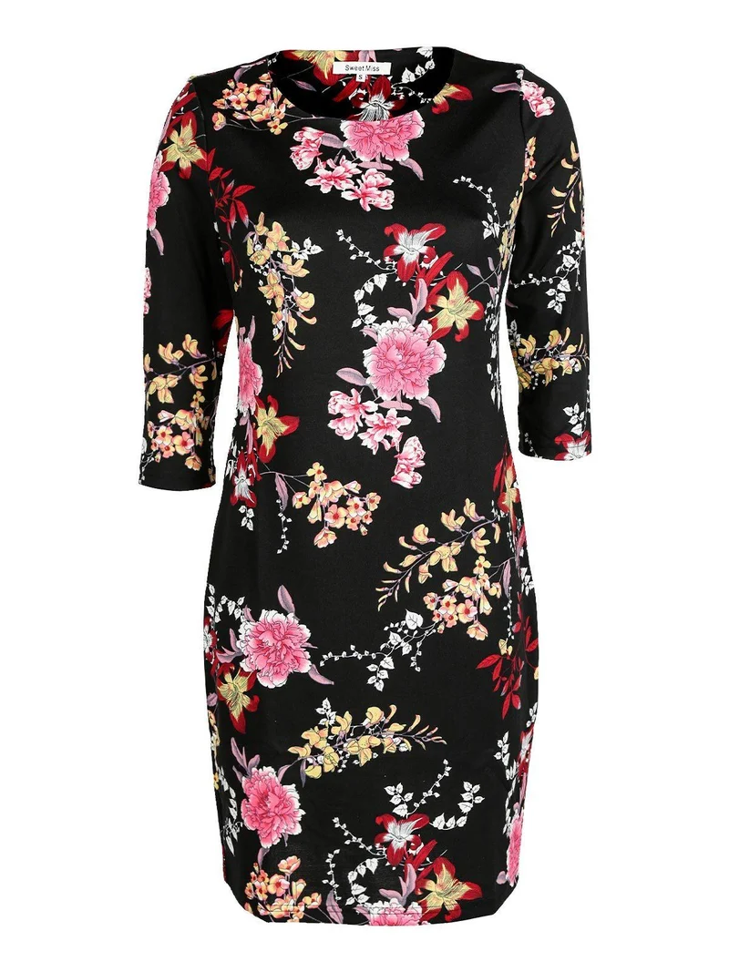 Vestito donna fiorato con maniche 3/4 - nero