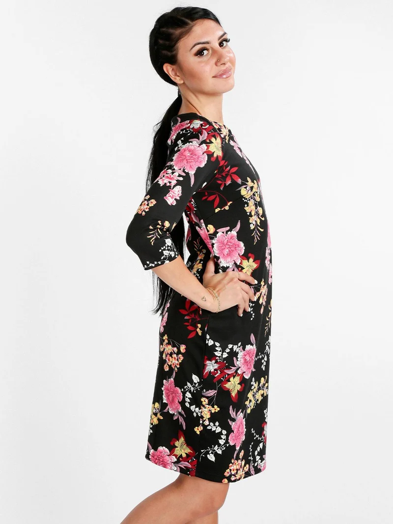 Vestito donna fiorato con maniche 3/4 - nero