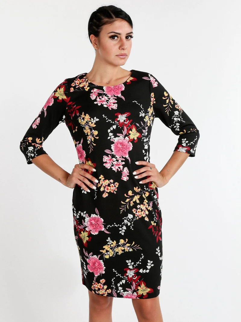 Vestito donna fiorato con maniche 3/4 - nero