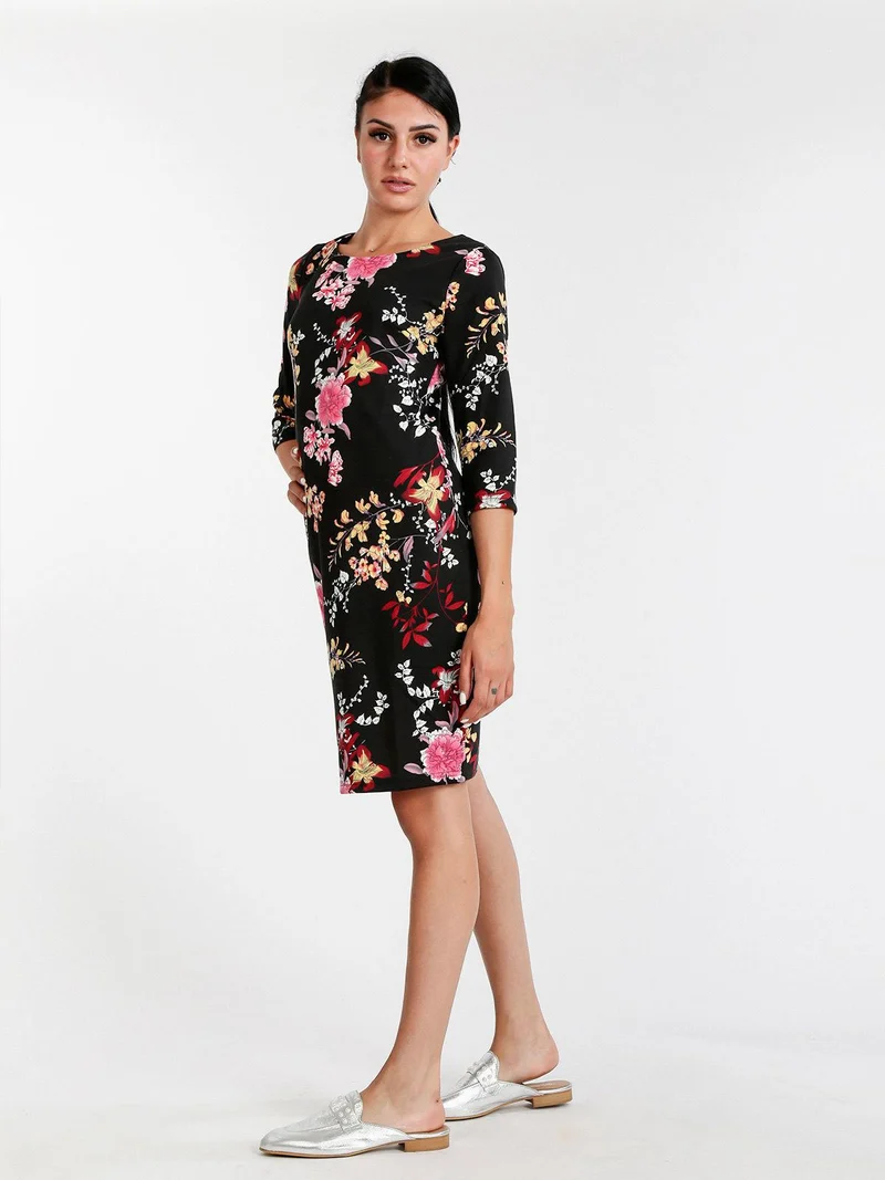 Vestito donna fiorato con maniche 3/4 - nero