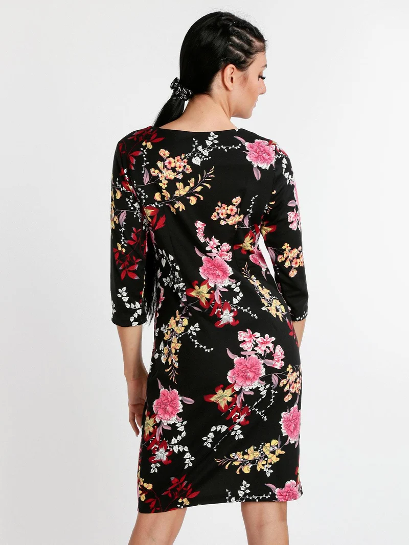 Vestito donna fiorato con maniche 3/4 - nero