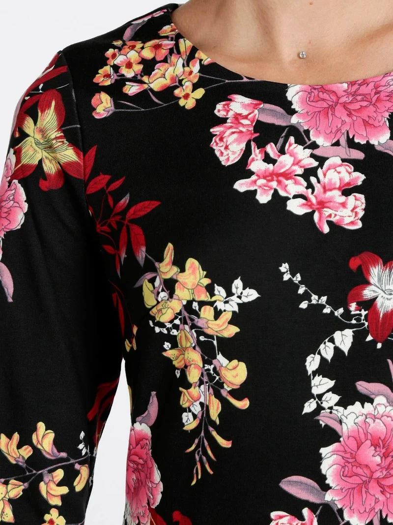 Vestito donna fiorato con maniche 3/4 - nero