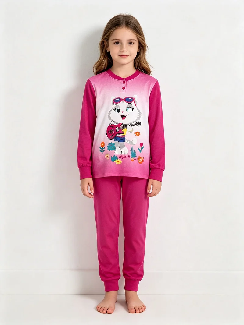 pigiama lungo in cotone da bambina - fucsia