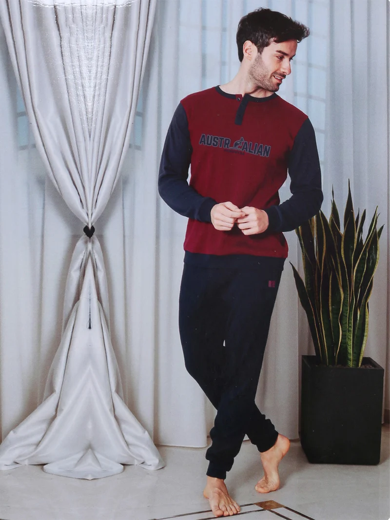 Pigiama lungo da uomo in misto cotone interlock - bordeaux