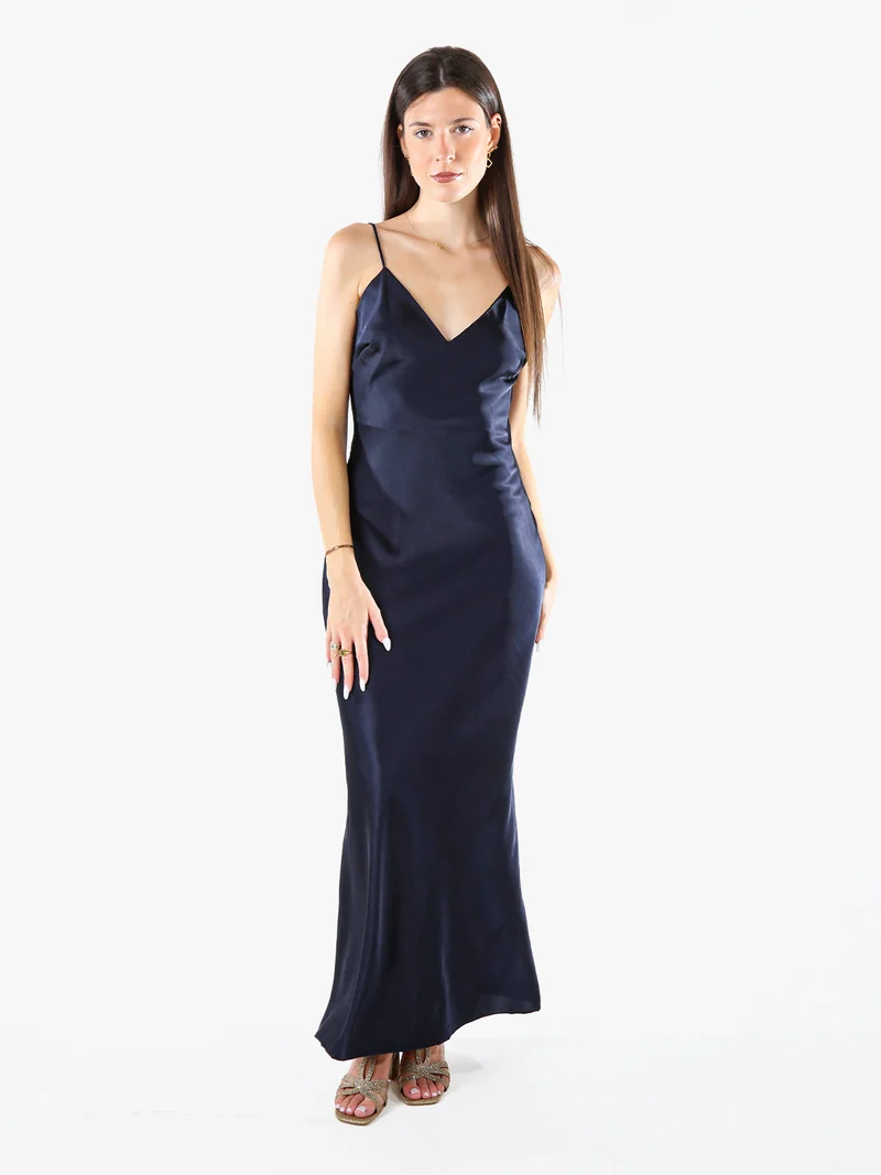 Abito lungo da donna effetto raso con spalline sottili - blu scuro