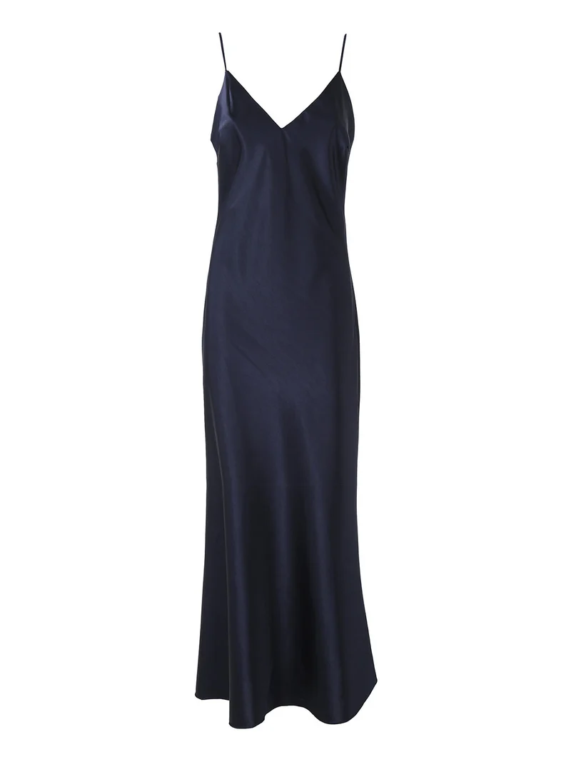 Abito lungo da donna effetto raso con spalline sottili - blu scuro