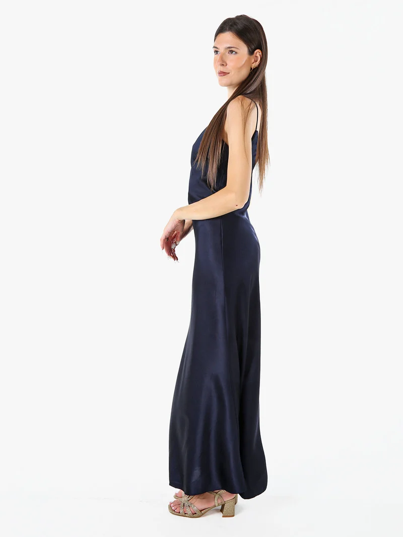 Abito lungo da donna effetto raso con spalline sottili - blu scuro