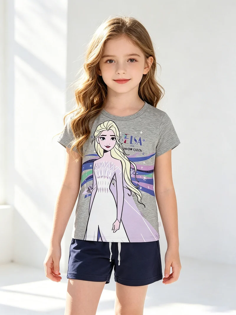 Completo bambina manica corta con stampe - grigio