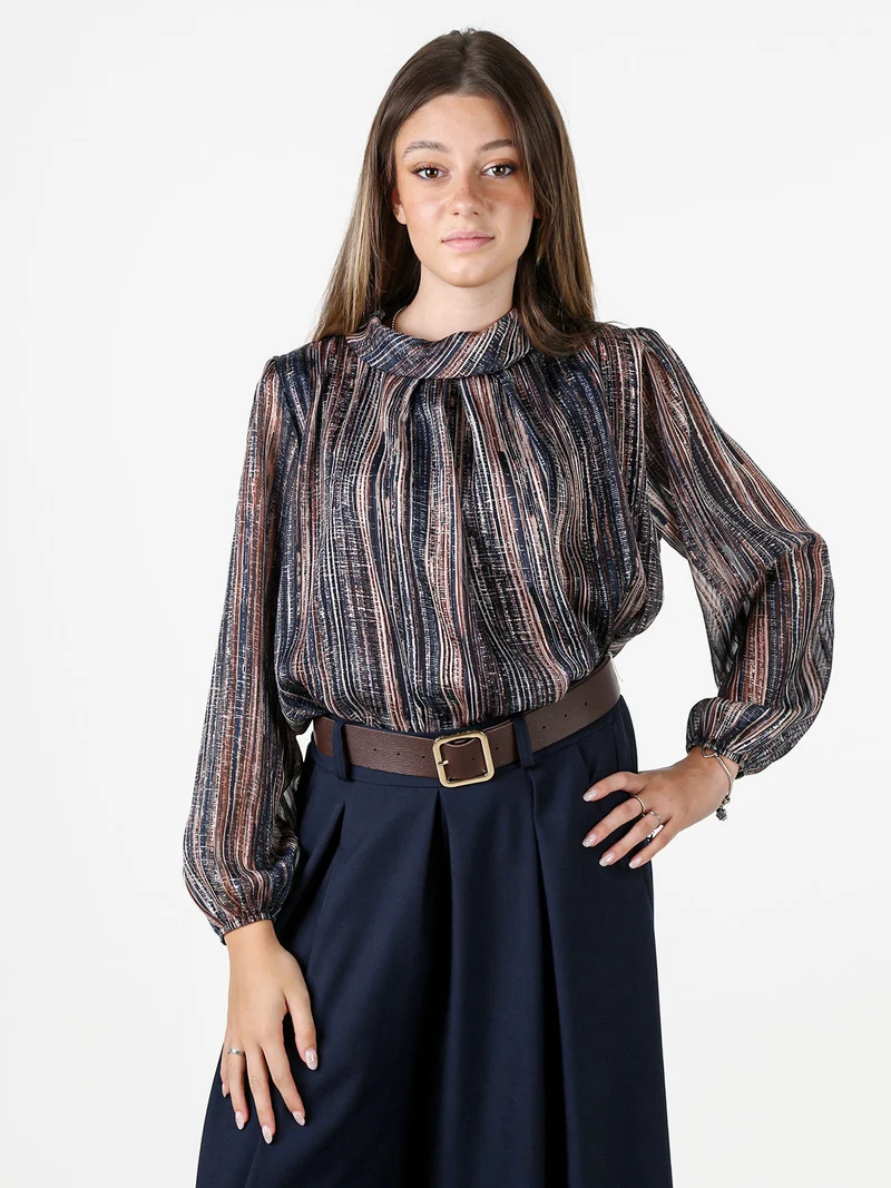 Blusa donna a fantasia con collo risvoltato e maniche lunghe a palloncino - blu scuro