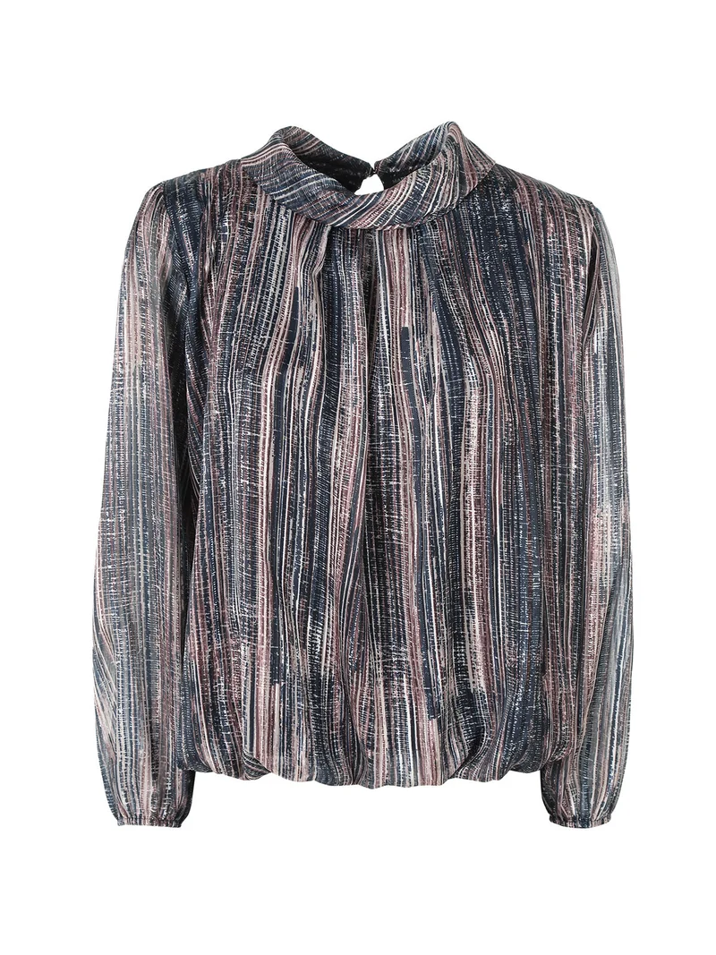 Blusa donna a fantasia con collo risvoltato e maniche lunghe a palloncino - blu scuro