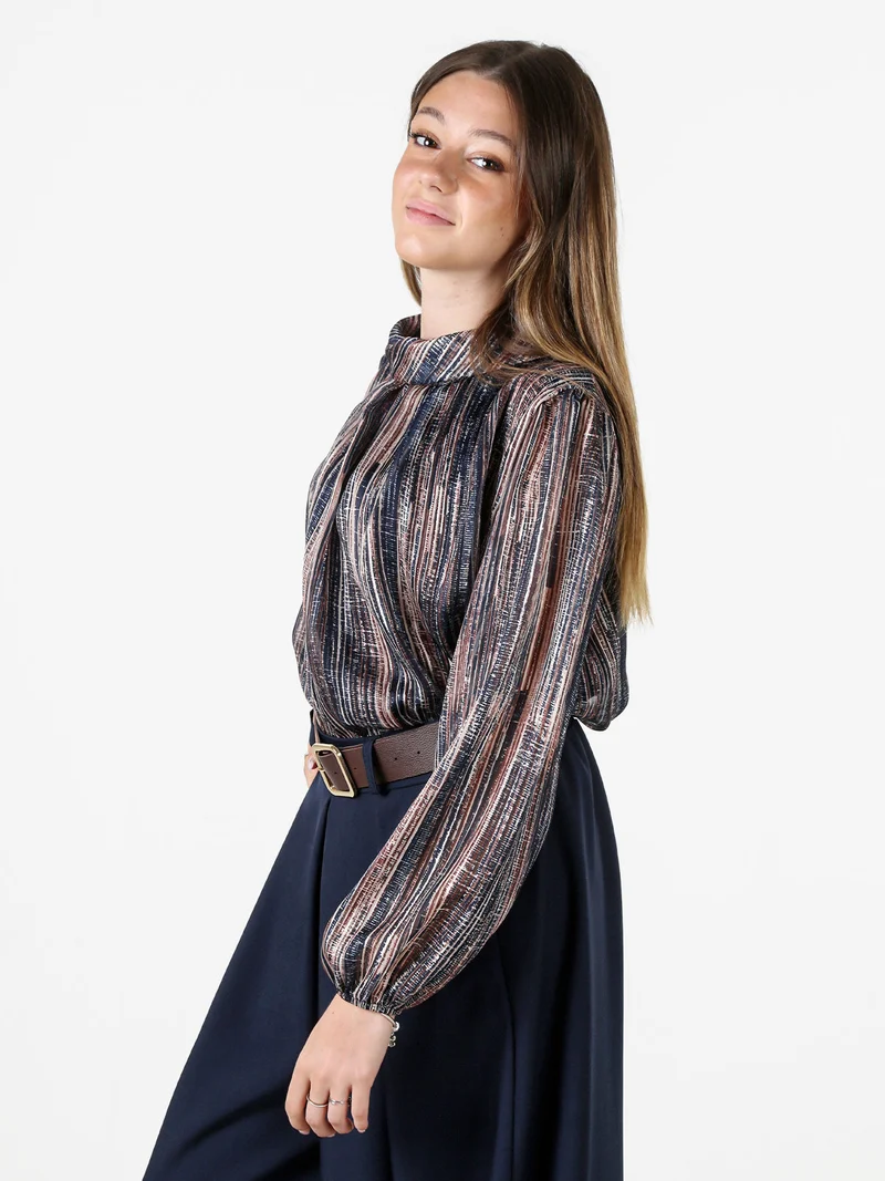 Blusa donna a fantasia con collo risvoltato e maniche lunghe a palloncino - blu scuro