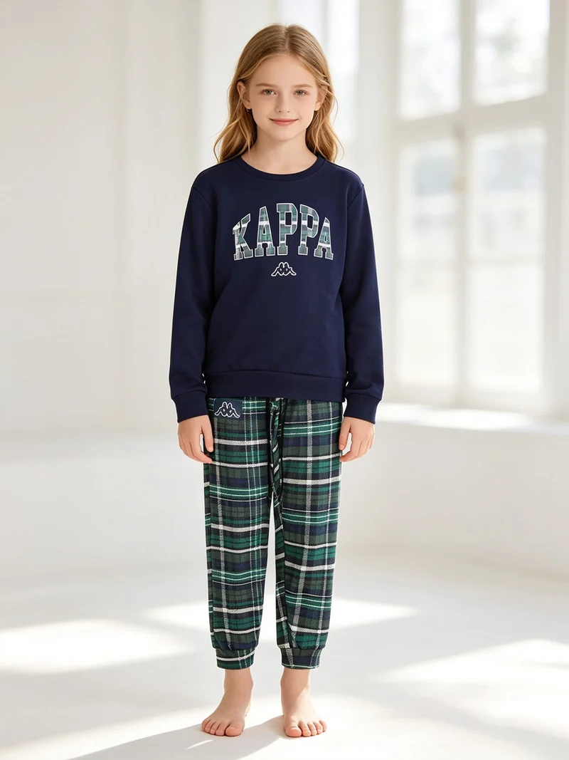 Pigiama da ragazza in cotone interlock con pantaloni a quadri - blu scuro