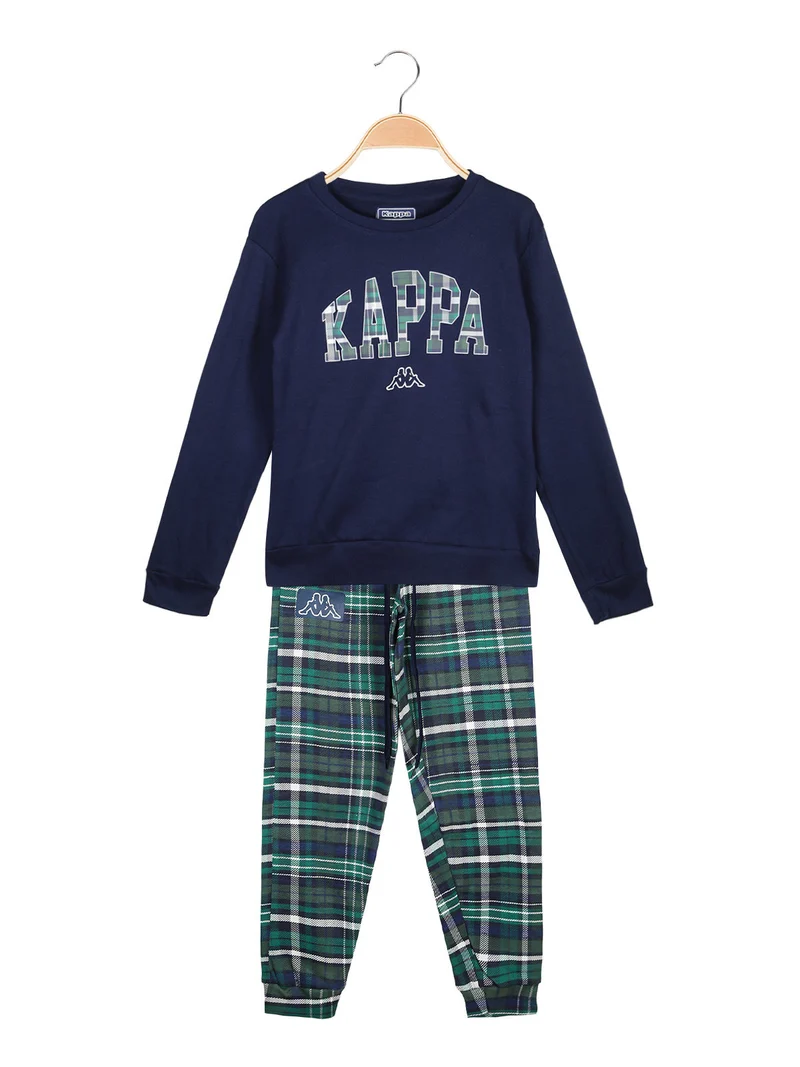 Pigiama da ragazza in cotone interlock con pantaloni a quadri - blu scuro