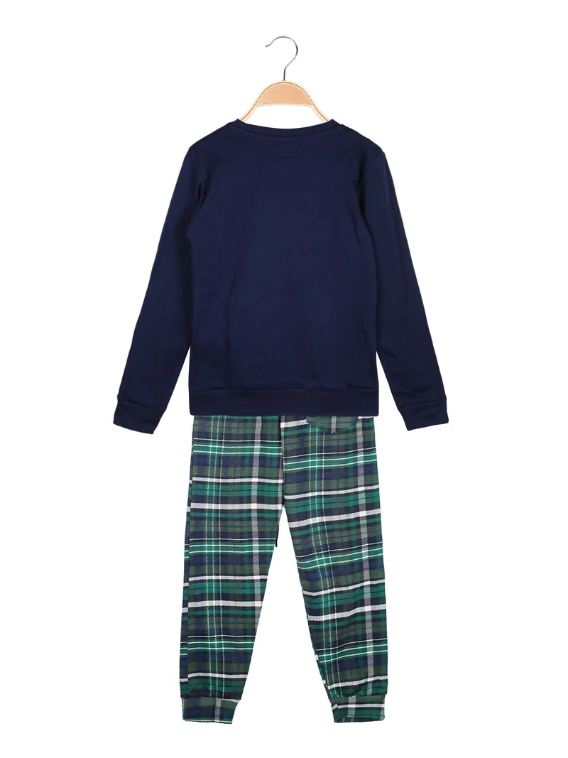 Pigiama da ragazza in cotone interlock con pantaloni a quadri - blu scuro