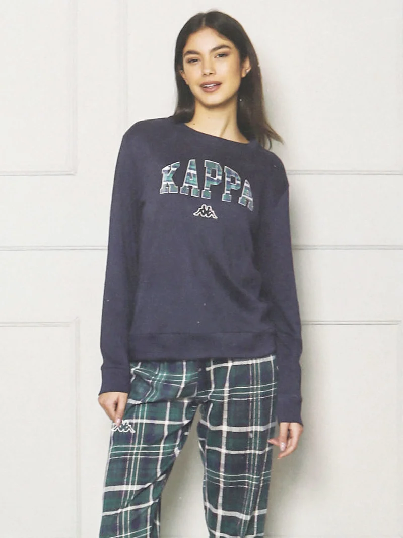 Pigiama da ragazza in cotone interlock con pantaloni a quadri - blu scuro