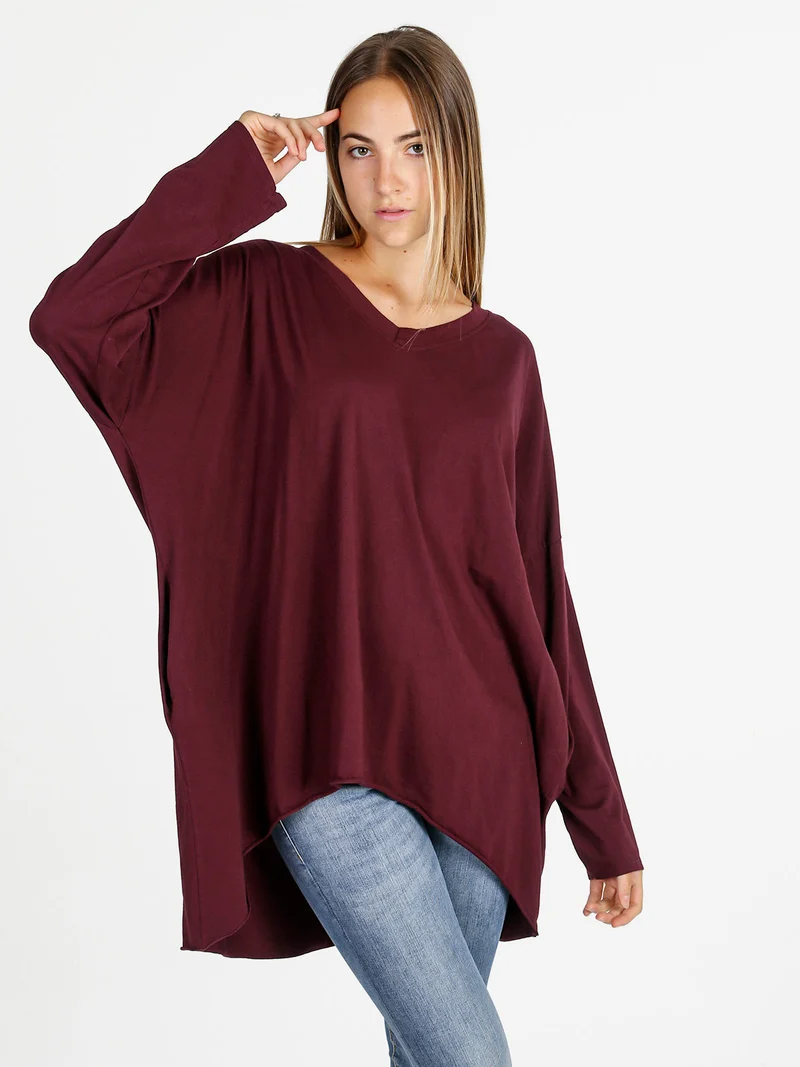 Maxi t-shirt donna in cotone a maniche lunghe - bordeaux