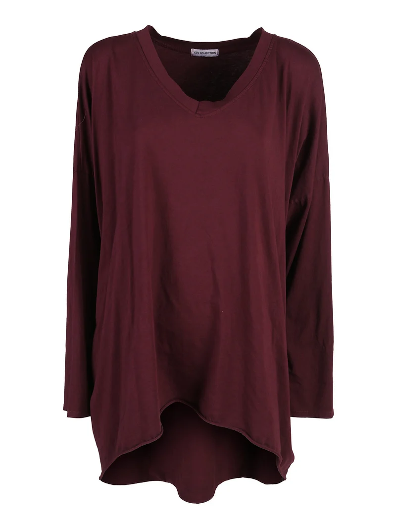 Maxi t-shirt donna in cotone a maniche lunghe - bordeaux