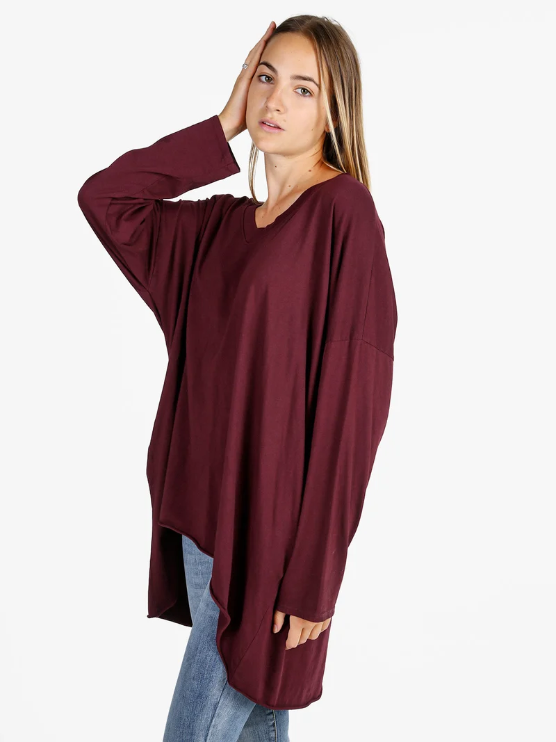 Maxi t-shirt donna in cotone a maniche lunghe - bordeaux