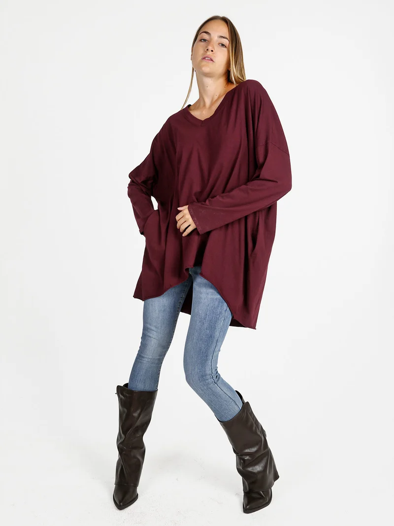 Maxi t-shirt donna in cotone a maniche lunghe - bordeaux
