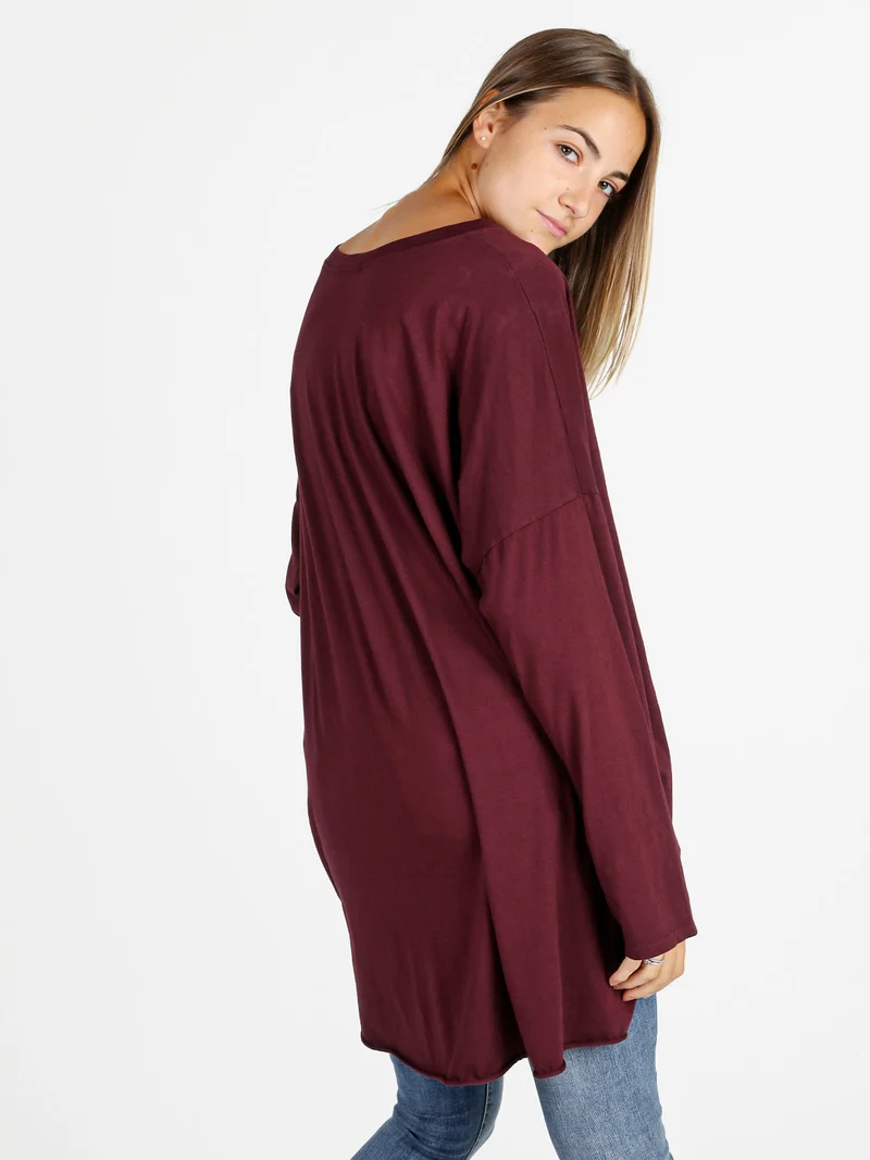 Maxi t-shirt donna in cotone a maniche lunghe - bordeaux