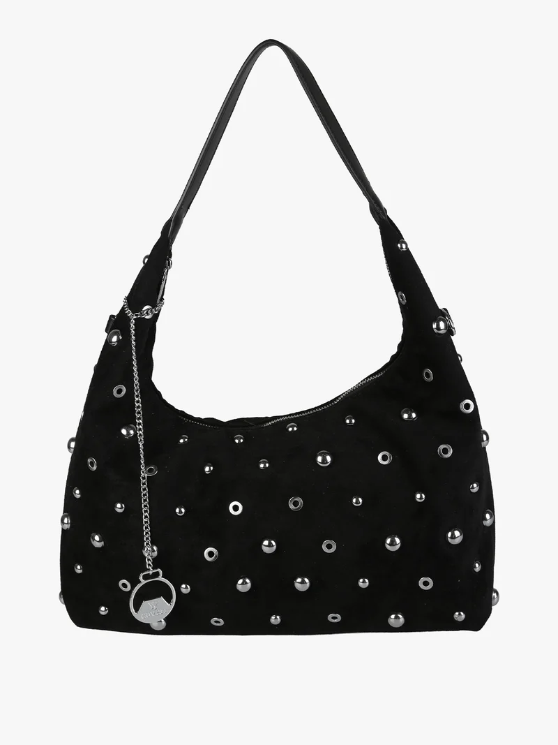 Borsa hobo da donna in tessuto scamosciato con borchie - nero