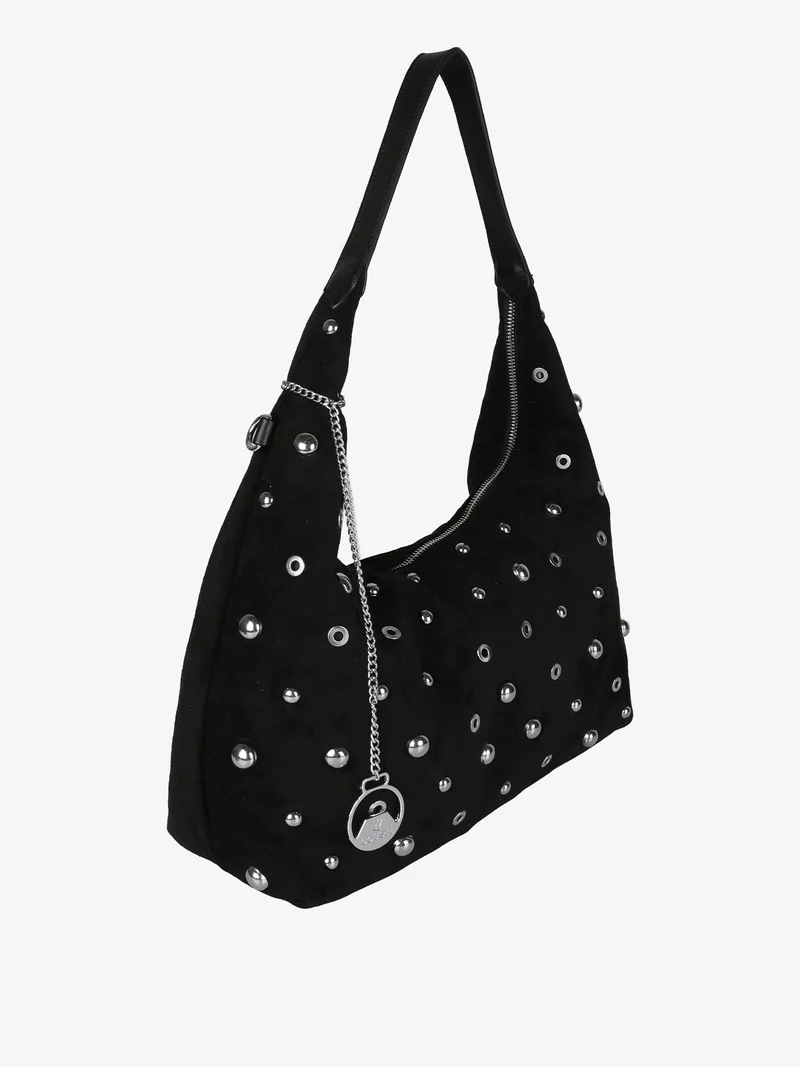 Borsa hobo da donna in tessuto scamosciato con borchie - nero